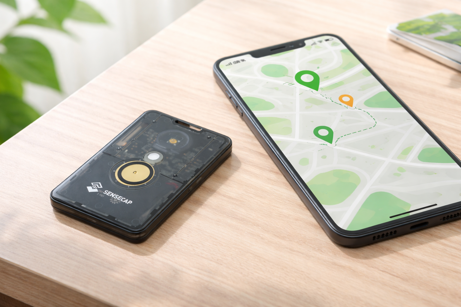 SenseCAP Meshtasticデバイスと位置マーカーを表示するスマートフォン