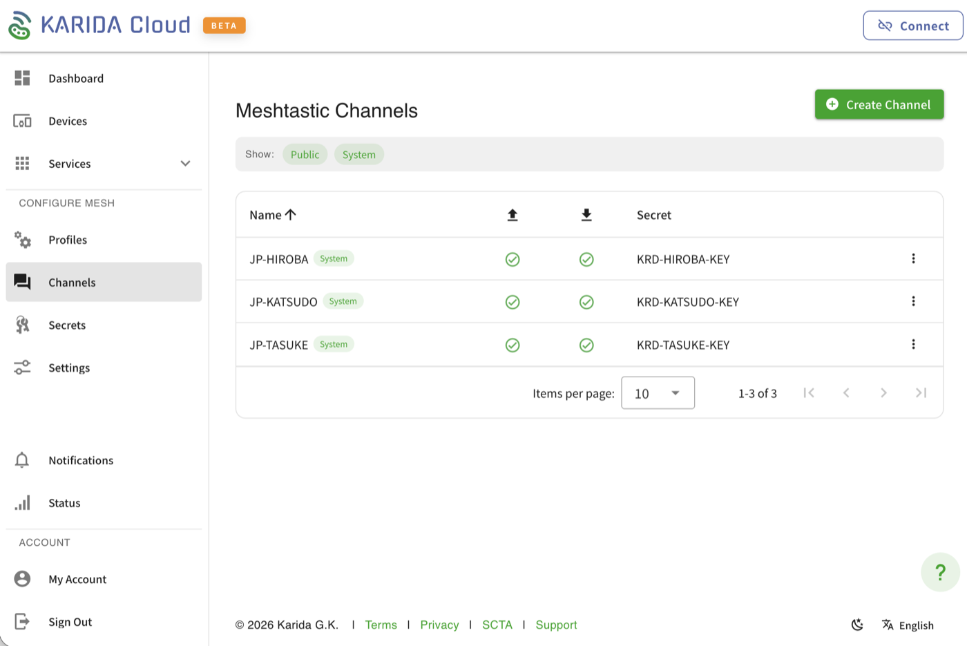 Meshtasticチャンネル管理を表示するKarida Cloud