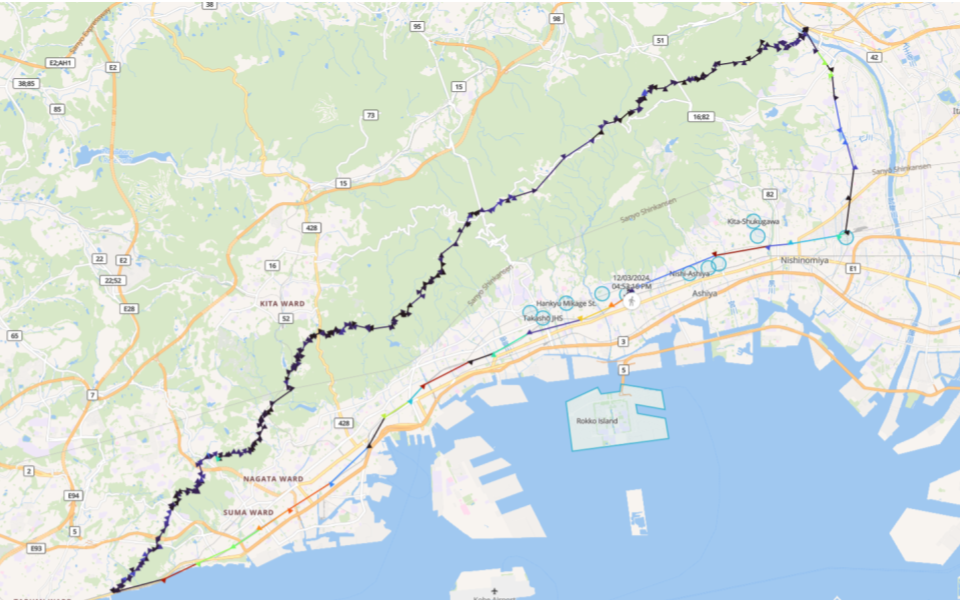 ロッコ山系の全ルートを示すGPS追跡マップ